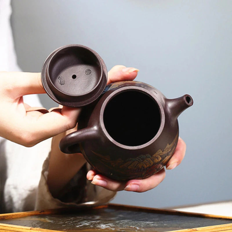 Hand Painted Landscape High Stone Scoop Teapot Boutique Yixing Purple Clay Tea Pot Tradition Beauty Tea Maker Zisha Teaware