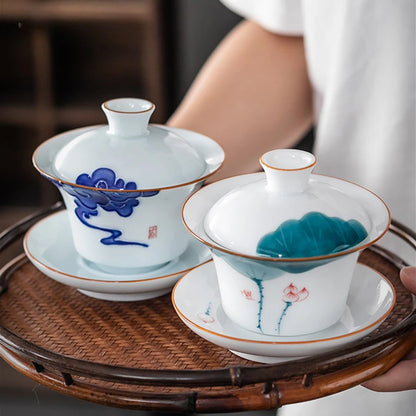 Hand Painted Lotus White Porcelain Gaiwan Ceramic Teacup Travel Tea Bowl Chinese Home Teaware Accessories Personal Cup 150ml