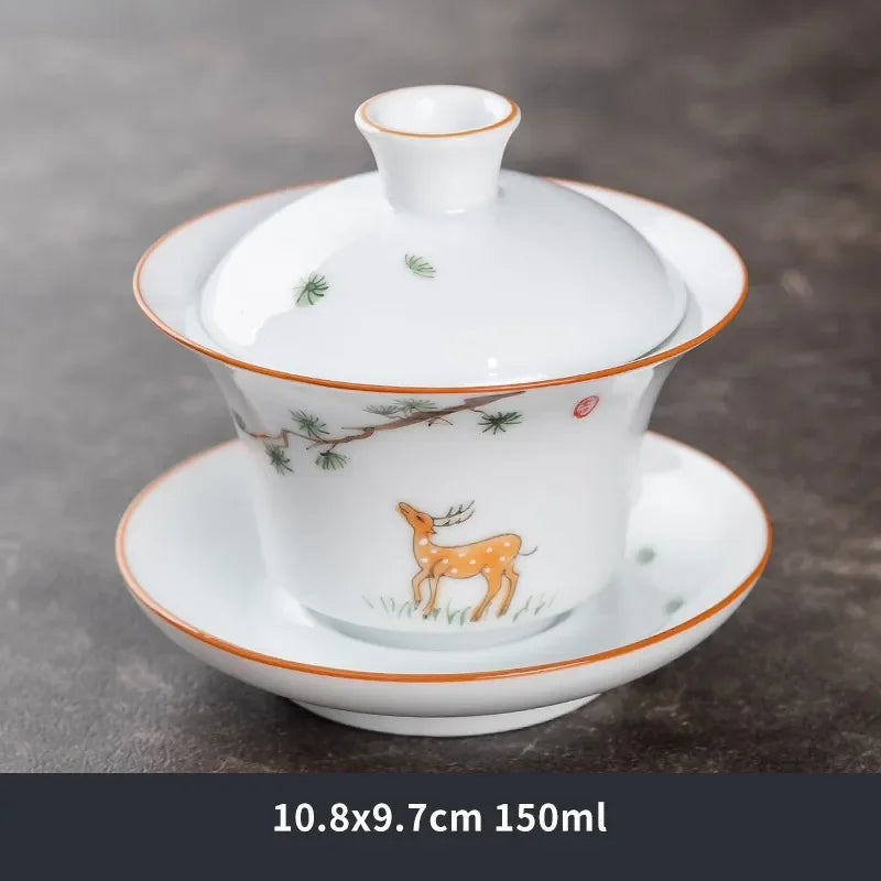 Hand Painted Lotus White Porcelain Gaiwan Ceramic Teacup Travel Tea Bowl Chinese Home Teaware Accessories Personal Cup 150ml