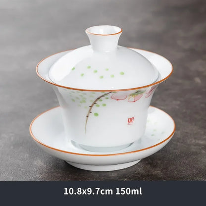 Hand Painted Lotus White Porcelain Gaiwan Ceramic Teacup Travel Tea Bowl Chinese Home Teaware Accessories Personal Cup 150ml