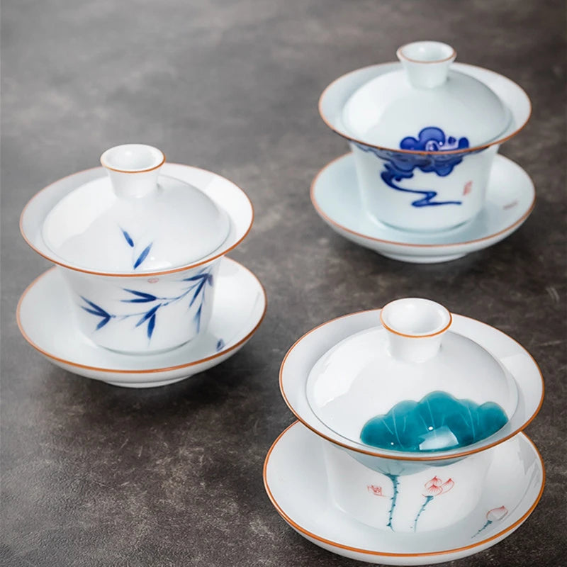 Hand Painted Lotus White Porcelain Gaiwan Ceramic Teacup Travel Tea Bowl Chinese Home Teaware Accessories Personal Cup 150ml
