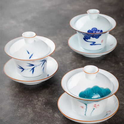 Hand Painted Lotus White Porcelain Gaiwan Ceramic Teacup Travel Tea Bowl Chinese Home Teaware Accessories Personal Cup 150ml