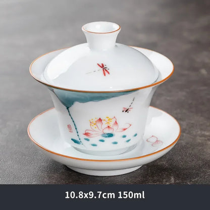 Hand Painted Lotus White Porcelain Gaiwan Ceramic Teacup Travel Tea Bowl Chinese Home Teaware Accessories Personal Cup 150ml