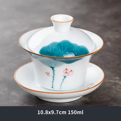 Hand Painted Lotus White Porcelain Gaiwan Ceramic Teacup Travel Tea Bowl Chinese Home Teaware Accessories Personal Cup 150ml