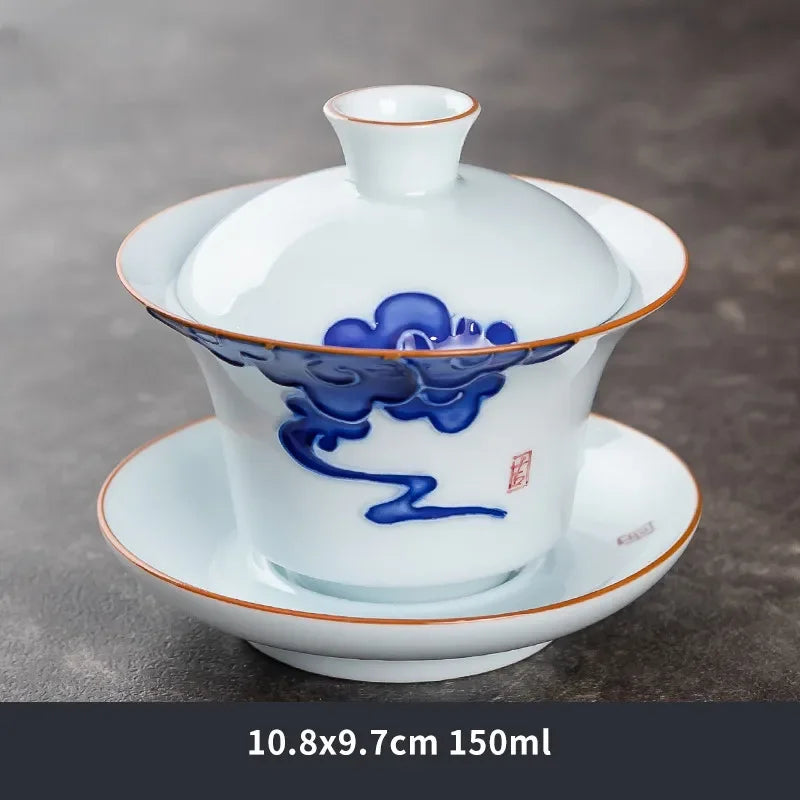 Hand Painted Lotus White Porcelain Gaiwan Ceramic Teacup Travel Tea Bowl Chinese Home Teaware Accessories Personal Cup 150ml