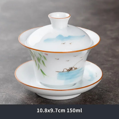 Hand Painted Lotus White Porcelain Gaiwan Ceramic Teacup Travel Tea Bowl Chinese Home Teaware Accessories Personal Cup 150ml
