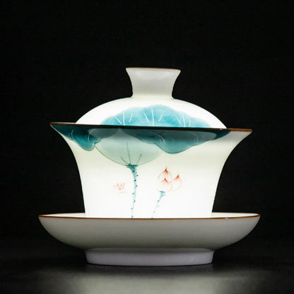 Hand Painted Lotus White Porcelain Gaiwan Ceramic Teacup Travel Tea Bowl Chinese Home Teaware Accessories Personal Cup 150ml