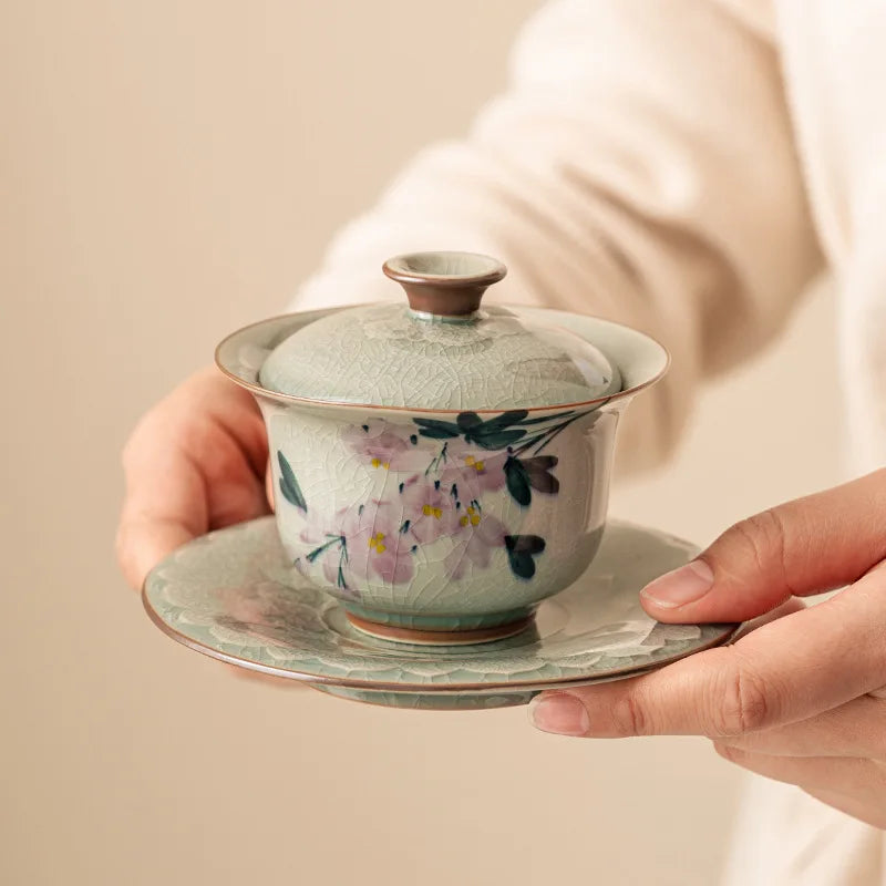 Hand Painted Magnolia Flowers Ceramic Opening Gaiwan For Tea Green Tureen Teaware Set Chinese Tea Bowl Chawan