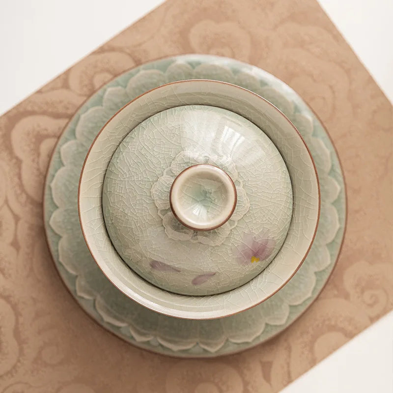 Hand Painted Magnolia Flowers Ceramic Opening Gaiwan For Tea Green Tureen Teaware Set Chinese Tea Bowl Chawan