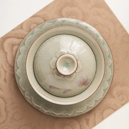 Hand Painted Magnolia Flowers Ceramic Opening Gaiwan For Tea Green Tureen Teaware Set Chinese Tea Bowl Chawan