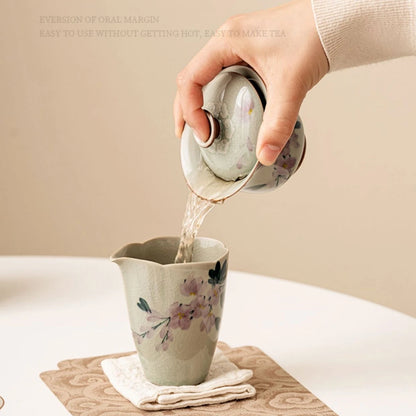 Hand Painted Magnolia Flowers Ceramic Opening Gaiwan For Tea Green Tureen Teaware Set Chinese Tea Bowl Chawan