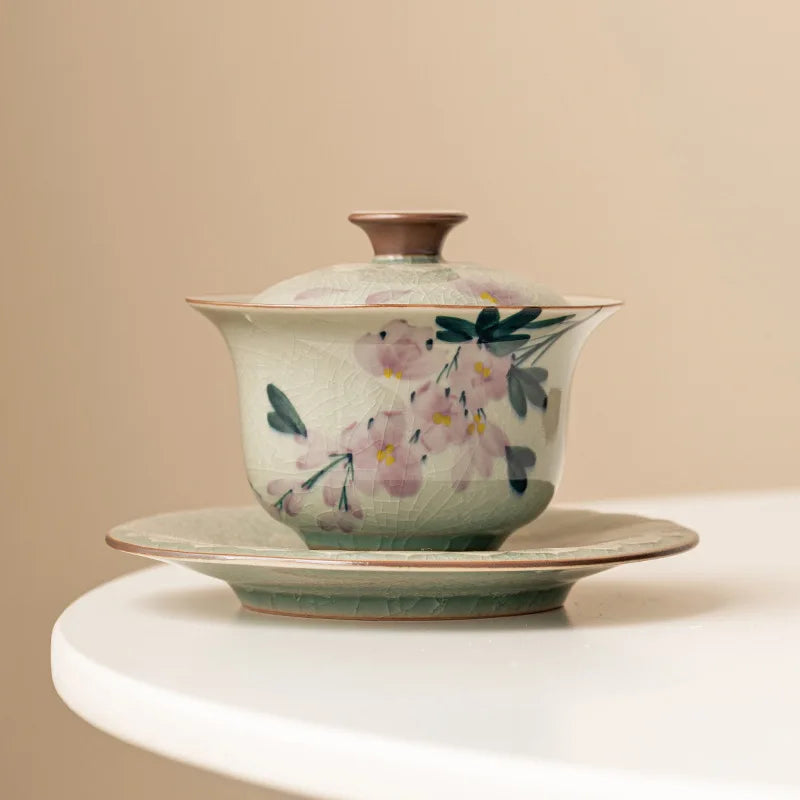 Hand Painted Magnolia Flowers Ceramic Opening Gaiwan For Tea Green Tureen Teaware Set Chinese Tea Bowl Chawan