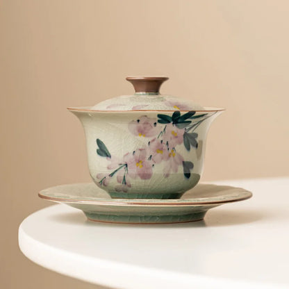 Hand Painted Magnolia Flowers Ceramic Opening Gaiwan For Tea Green Tureen Teaware Set Chinese Tea Bowl Chawan