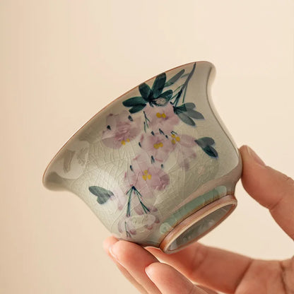 Hand Painted Magnolia Flowers Ceramic Opening Gaiwan For Tea Green Tureen Teaware Set Chinese Tea Bowl Chawan