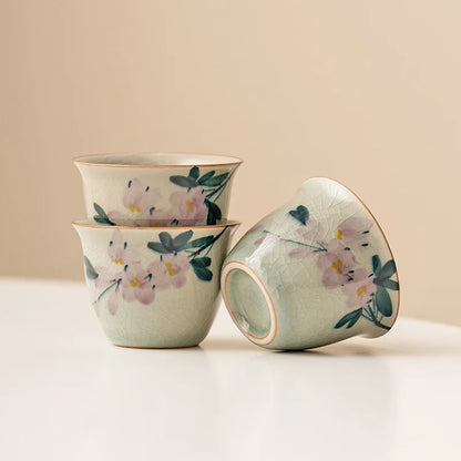 Hand Painted Magnolia Flowers Ceramic Opening Gaiwan For Tea Green Tureen Teaware Set Chinese Tea Bowl Chawan
