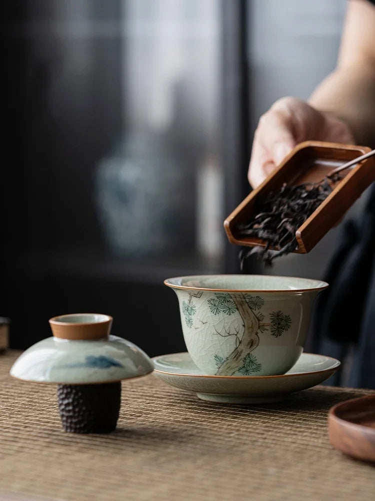 Hand Painted Pine AntiqueCeramic Opening Gaiwan For Tea Tureen Teaware Set Chinese Tea Bowl Chawan Tea Cup