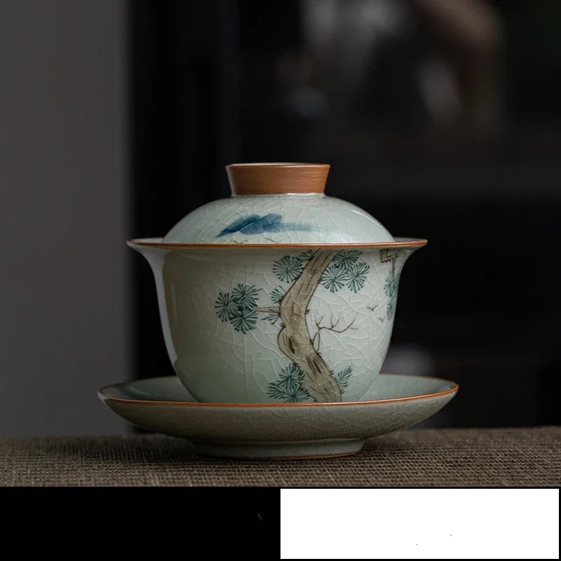 Hand Painted Pine AntiqueCeramic Opening Gaiwan For Tea Tureen Teaware Set Chinese Tea Bowl Chawan Tea Cup