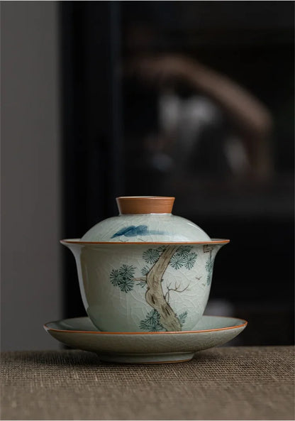 Hand Painted Pine AntiqueCeramic Opening Gaiwan For Tea Tureen Teaware Set Chinese Tea Bowl Chawan Tea Cup