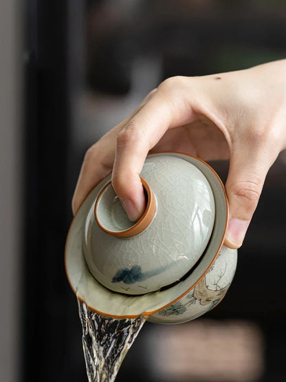 Hand Painted Pine AntiqueCeramic Opening Gaiwan For Tea Tureen Teaware Set Chinese Tea Bowl Chawan Tea Cup