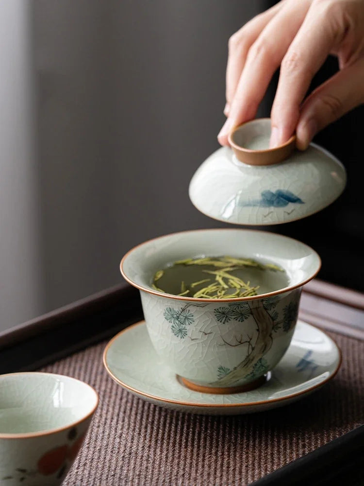Hand Painted Pine AntiqueCeramic Opening Gaiwan For Tea Tureen Teaware Set Chinese Tea Bowl Chawan Tea Cup