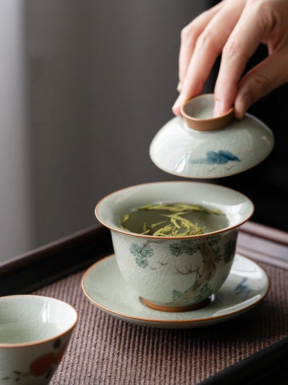 Hand Painted Pine AntiqueCeramic Opening Gaiwan For Tea Tureen Teaware Set Chinese Tea Bowl Chawan Tea Cup