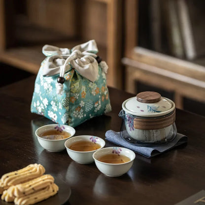 Hand Painted Quick Cup Anti-Scald Glass Travel Tea Set Outdoor Camping Portable Storage Cloth Bag Kung Fu Tea Set Chinese