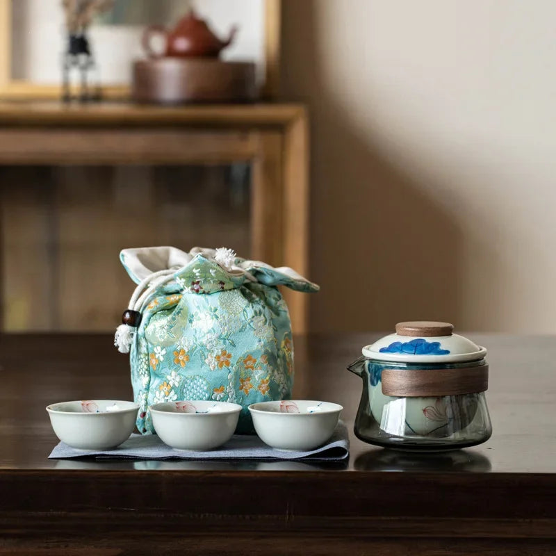 Hand Painted Quick Cup Anti-Scald Glass Travel Tea Set Outdoor Camping Portable Storage Cloth Bag Kung Fu Tea Set Chinese