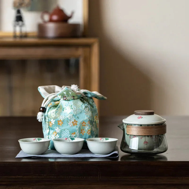 Hand Painted Quick Cup Anti-Scald Glass Travel Tea Set Outdoor Camping Portable Storage Cloth Bag Kung Fu Tea Set Chinese