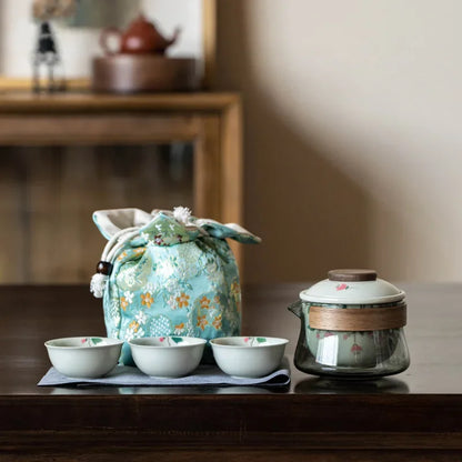 Hand Painted Quick Cup Anti-Scald Glass Travel Tea Set Outdoor Camping Portable Storage Cloth Bag Kung Fu Tea Set Chinese