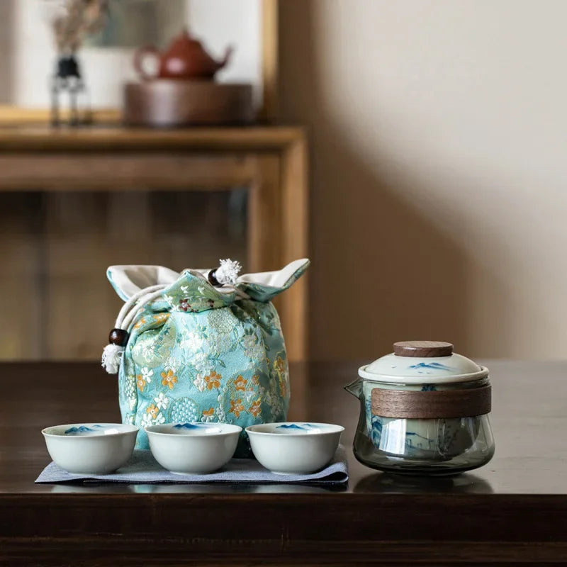 Hand Painted Quick Cup Anti-Scald Glass Travel Tea Set Outdoor Camping Portable Storage Cloth Bag Kung Fu Tea Set Chinese