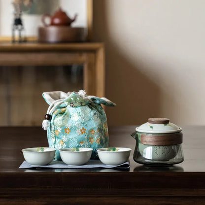 Hand Painted Quick Cup Anti-Scald Glass Travel Tea Set Outdoor Camping Portable Storage Cloth Bag Kung Fu Tea Set Chinese