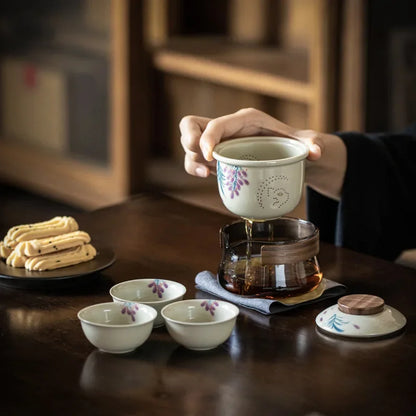 Hand Painted Quick Cup Anti-Scald Glass Travel Tea Set Outdoor Camping Portable Storage Cloth Bag Kung Fu Tea Set Chinese