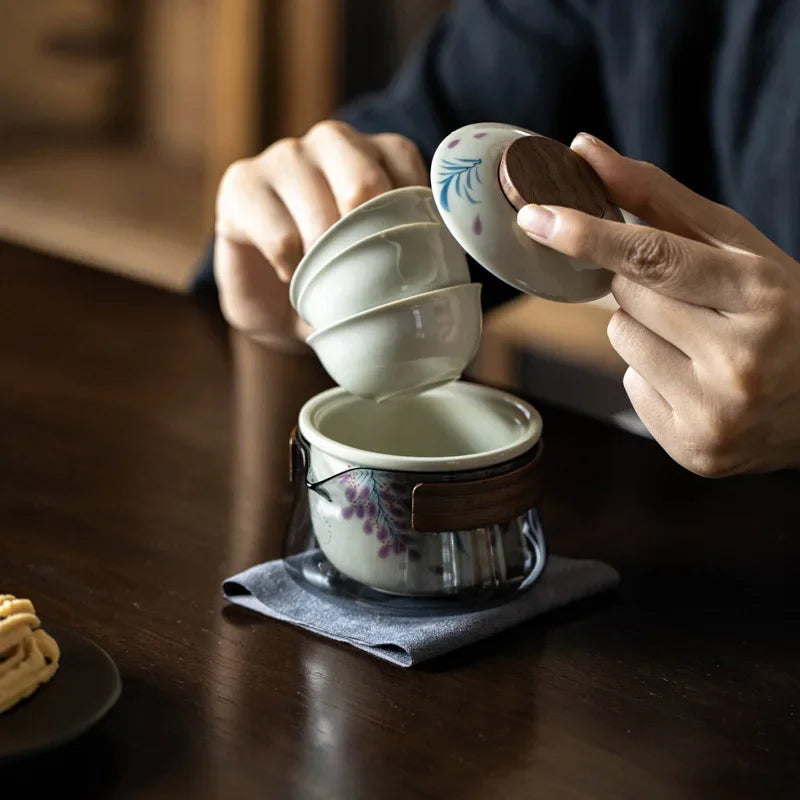 Hand Painted Quick Cup Anti-Scald Glass Travel Tea Set Outdoor Camping Portable Storage Cloth Bag Kung Fu Tea Set Chinese