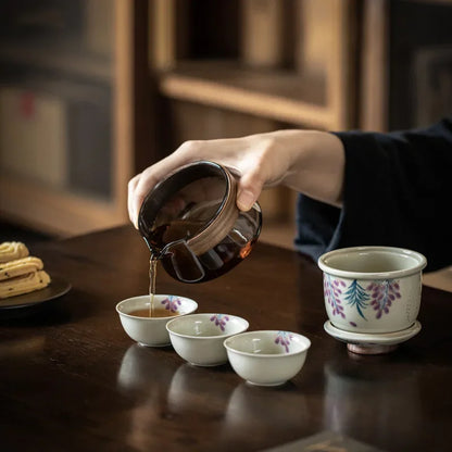 Hand Painted Quick Cup Anti-Scald Glass Travel Tea Set Outdoor Camping Portable Storage Cloth Bag Kung Fu Tea Set Chinese
