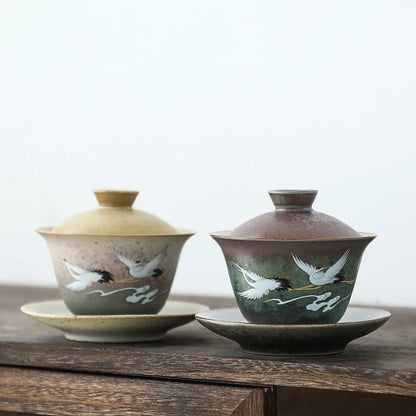 Hand Painted Shining Crane Cover Bowl, Anti-scald Large Ceramic, Retro Tea Cover Bowl with Lid, Sancai Gaiwan Single Tea Bowl