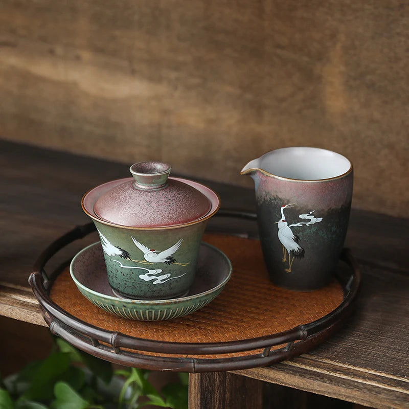 Hand Painted Shining Crane Cover Bowl, Anti-scald Large Ceramic, Retro Tea Cover Bowl with Lid, Sancai Gaiwan Single Tea Bowl