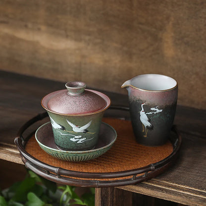 Hand Painted Shining Crane Cover Bowl, Anti-scald Large Ceramic, Retro Tea Cover Bowl with Lid, Sancai Gaiwan Single Tea Bowl