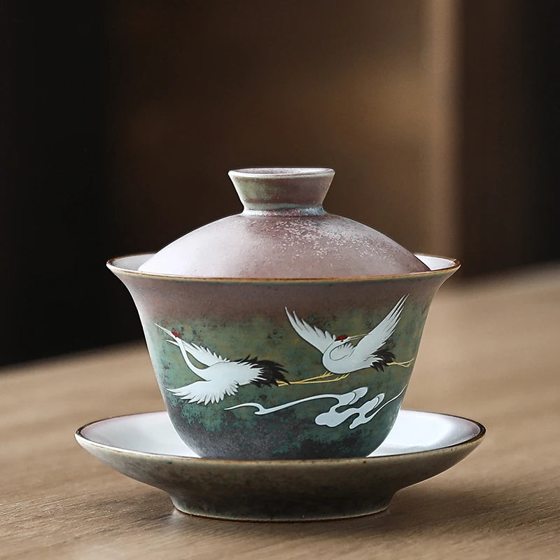 Hand Painted Shining Crane Cover Bowl, Anti-scald Large Ceramic, Retro Tea Cover Bowl with Lid, Sancai Gaiwan Single Tea Bowl