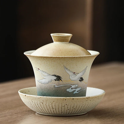 Hand Painted Shining Crane Cover Bowl, Anti-scald Large Ceramic, Retro Tea Cover Bowl with Lid, Sancai Gaiwan Single Tea Bowl