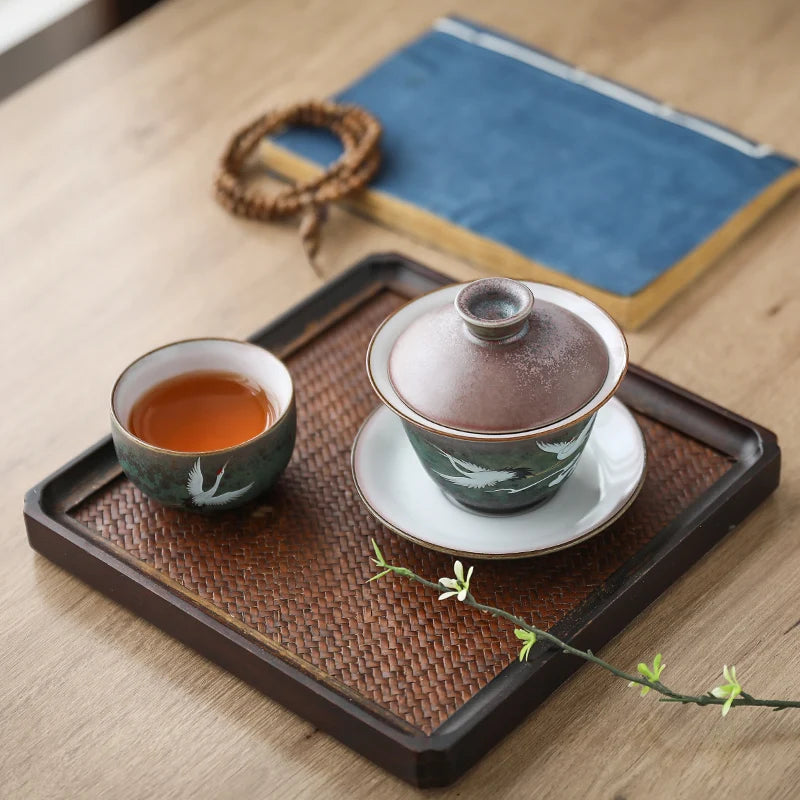Hand Painted Shining Crane Cover Bowl, Anti-scald Large Ceramic, Retro Tea Cover Bowl with Lid, Sancai Gaiwan Single Tea Bowl