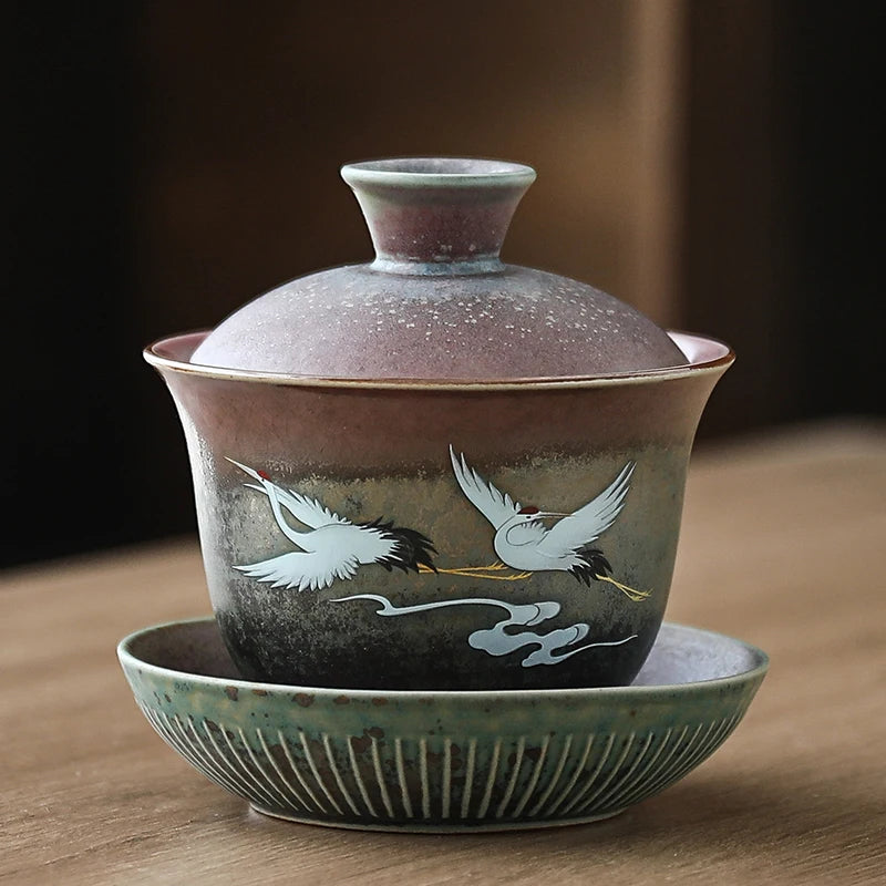 Hand Painted Shining Crane Cover Bowl, Anti-scald Large Ceramic, Retro Tea Cover Bowl with Lid, Sancai Gaiwan Single Tea Bowl