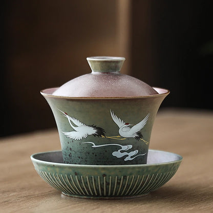 Hand Painted Shining Crane Cover Bowl, Anti-scald Large Ceramic, Retro Tea Cover Bowl with Lid, Sancai Gaiwan Single Tea Bowl