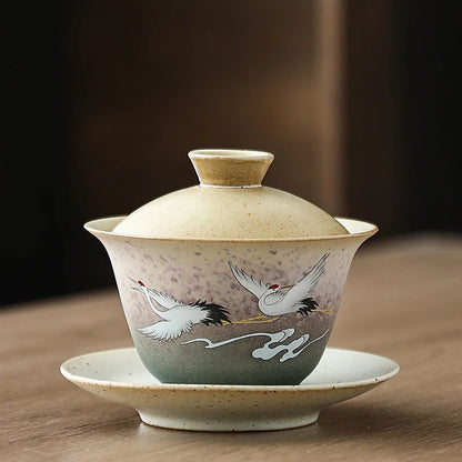 Hand Painted Shining Crane Cover Bowl, Anti-scald Large Ceramic, Retro Tea Cover Bowl with Lid, Sancai Gaiwan Single Tea Bowl