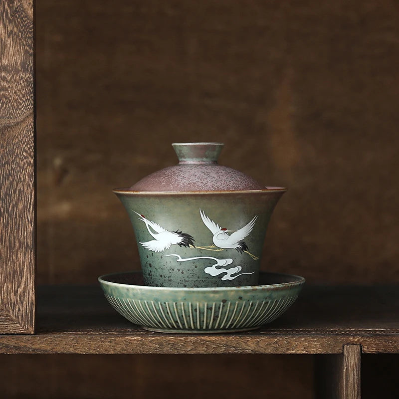 Hand Painted Shining Crane Cover Bowl, Anti-scald Large Ceramic, Retro Tea Cover Bowl with Lid, Sancai Gaiwan Single Tea Bowl