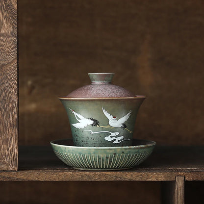Hand Painted Shining Crane Cover Bowl, Anti-scald Large Ceramic, Retro Tea Cover Bowl with Lid, Sancai Gaiwan Single Tea Bowl