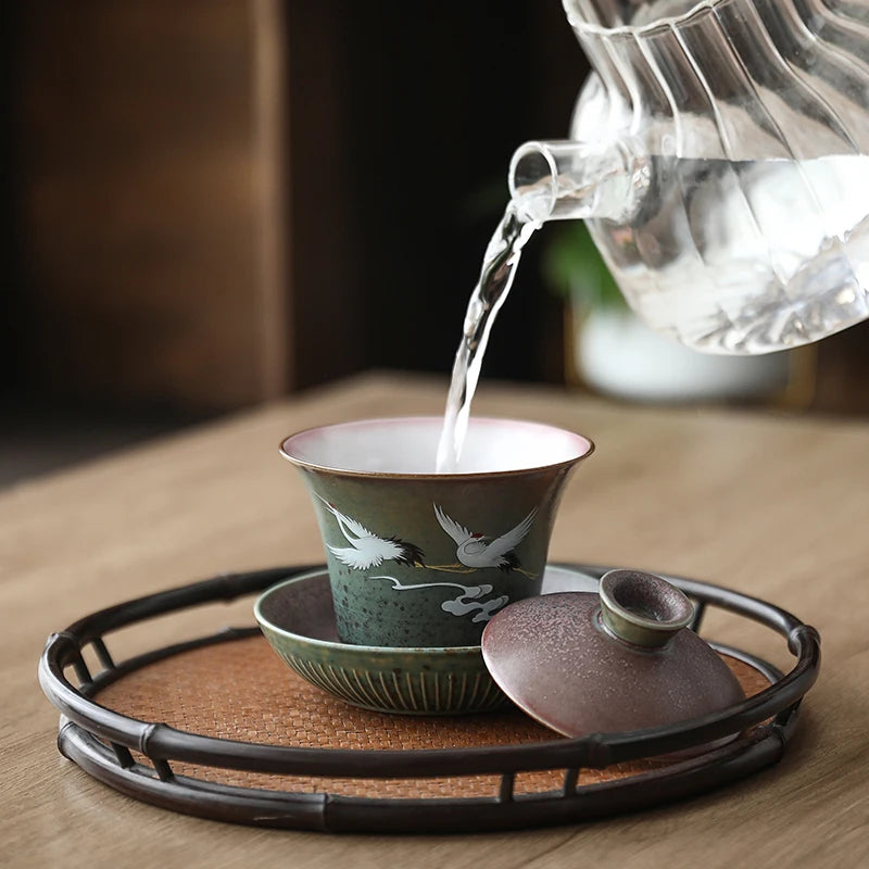 Hand Painted Shining Crane Cover Bowl, Anti-scald Large Ceramic, Retro Tea Cover Bowl with Lid, Sancai Gaiwan Single Tea Bowl