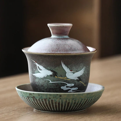 Hand Painted Shining Crane Cover Bowl, Anti-scald Large Ceramic, Retro Tea Cover Bowl with Lid, Sancai Gaiwan Single Tea Bowl
