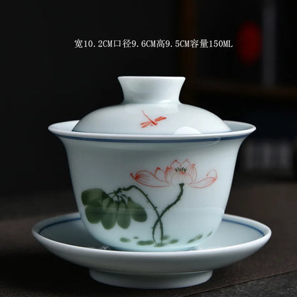 Hand-Painted Tea Tureen Set Ceramic Chinese Sancai Gaiwan Kung Fu Tea Set Celadon Teaware Bamboo Tea Bowl Cups