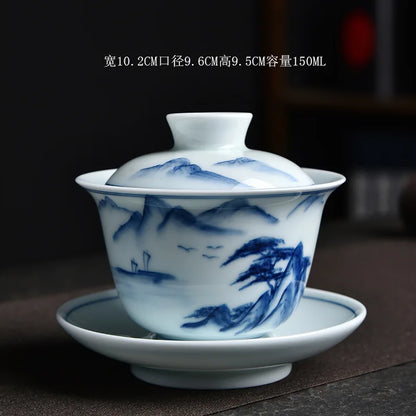 Hand-Painted Tea Tureen Set Ceramic Chinese Sancai Gaiwan Kung Fu Tea Set Celadon Teaware Bamboo Tea Bowl Cups