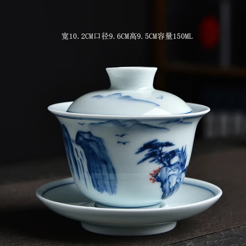 Hand-Painted Tea Tureen Set Ceramic Chinese Sancai Gaiwan Kung Fu Tea Set Celadon Teaware Bamboo Tea Bowl Cups